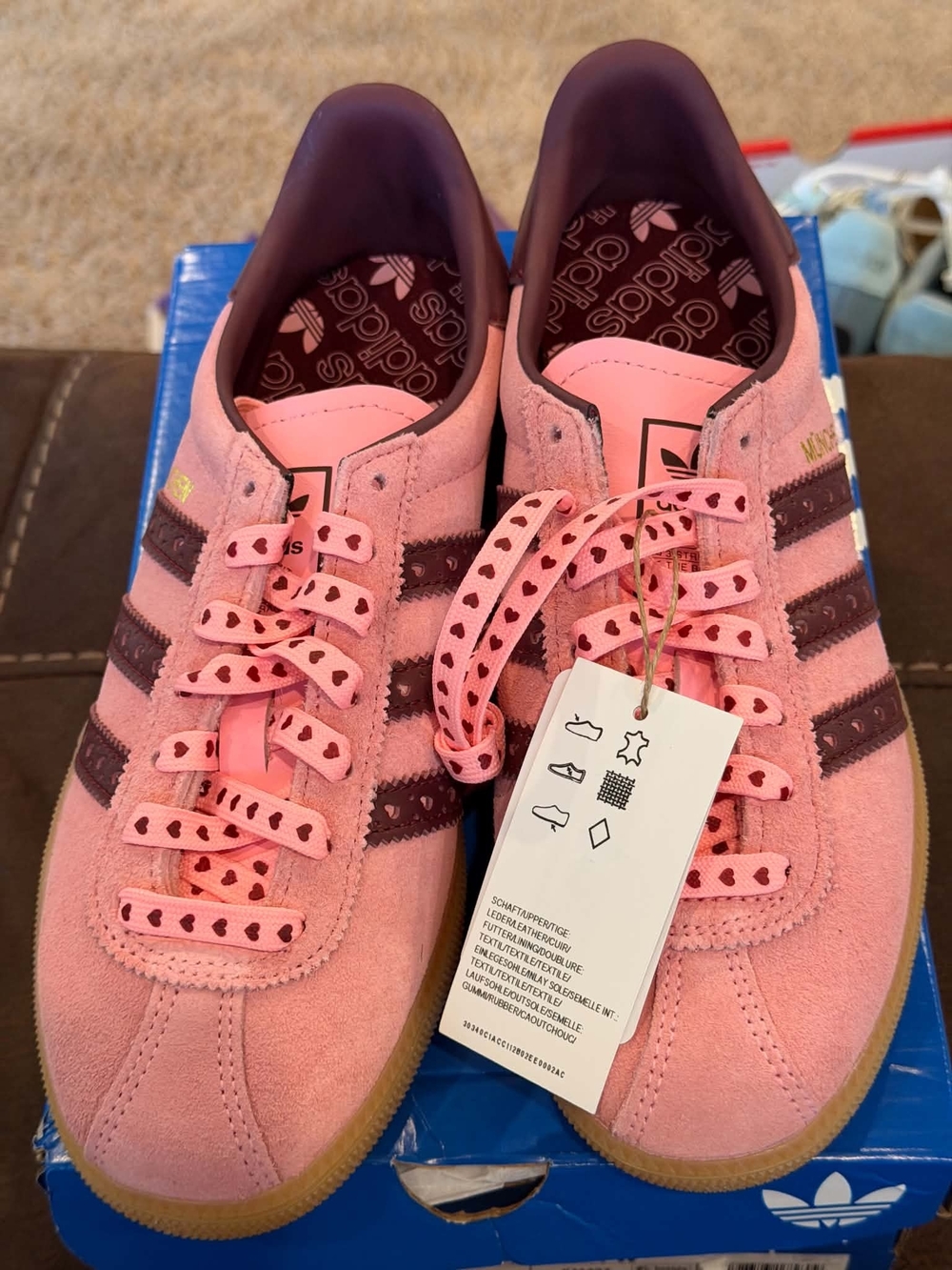 Adidas Women's Pink Suede München "Valentines Day" Sneakers with Maroon Stripes